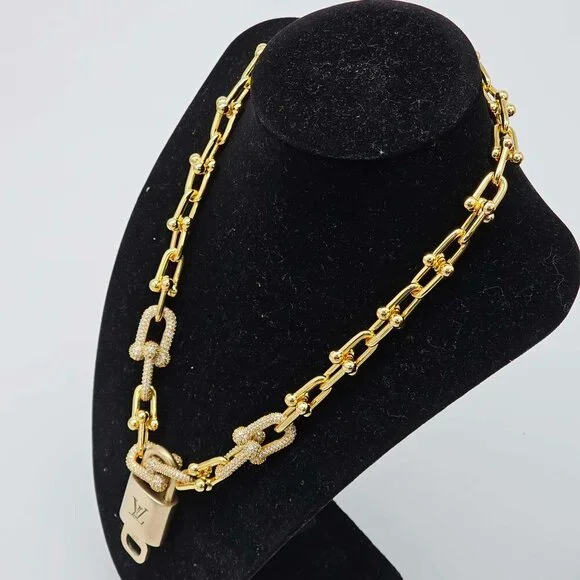 Auth Louis Vuitton Lock & Key w/Unbranded 925 Pure Silver Gold Plated Necklace